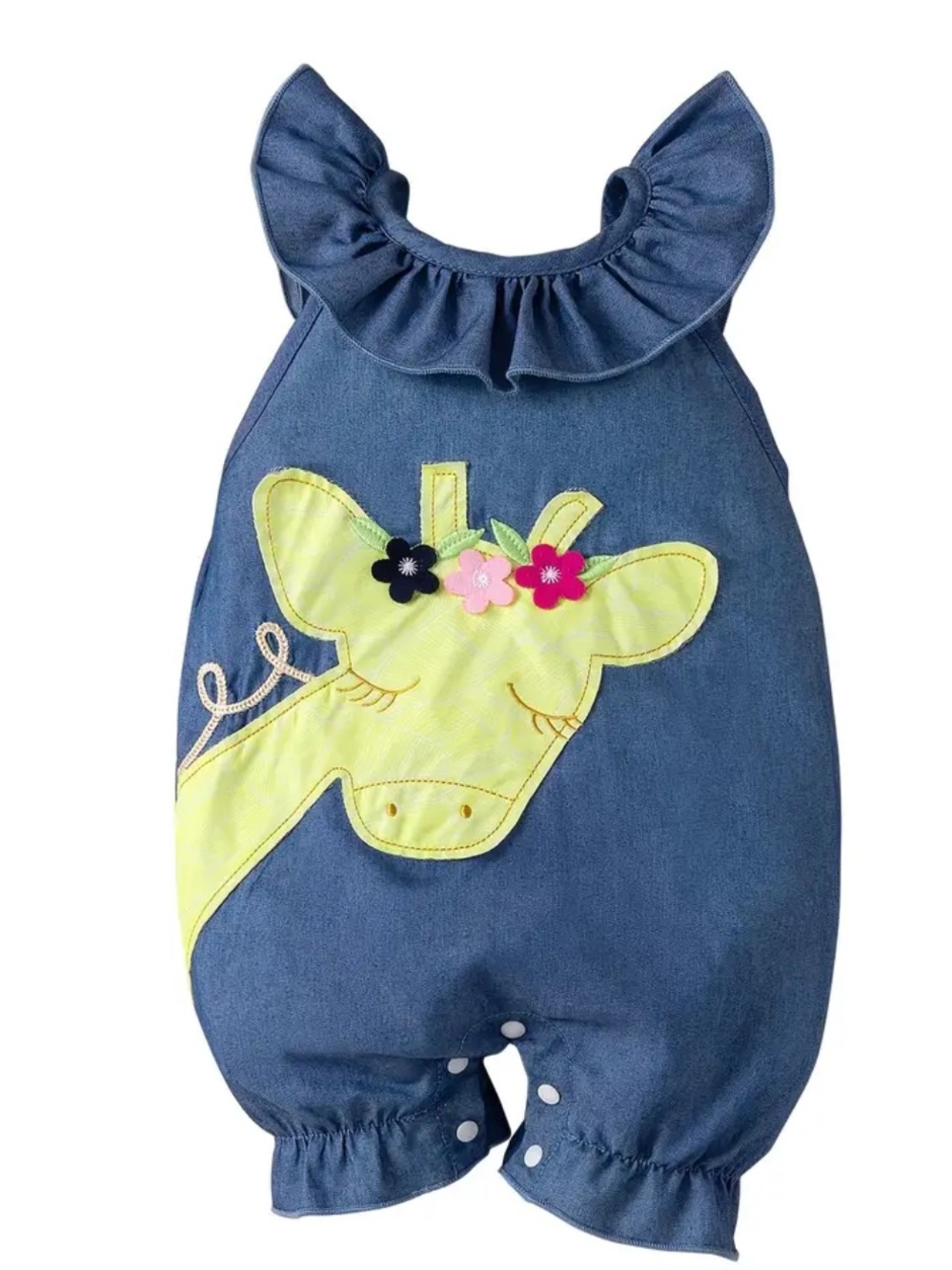 Denim Giraffe Applique Baby Romper - Navy & Yellow